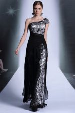  Black Column/Sheath Tulle and Lace One Shoulder Sleeveless Embroidery Floor Length Side Zipper Prom Dress
