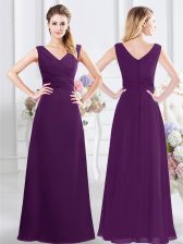 Fine Floor Length Zipper Dama Dress Purple for Prom and Party and Wedding Party with Ruching