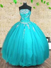 Fabulous Aqua Blue Strapless Neckline Appliques and Ruching Sweet 16 Dress Sleeveless Lace Up
