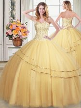 Trendy Sweetheart Sleeveless 15 Quinceanera Dress Floor Length Beading and Sequins Gold Tulle