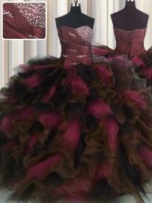  Organza and Tulle Sweetheart Sleeveless Lace Up Beading and Ruffles and Ruffled Layers Quince Ball Gowns in Wine Red