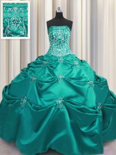 Latest Sleeveless Floor Length Beading and Appliques and Embroidery Lace Up Sweet 16 Quinceanera Dress with Dark Green