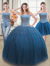 Three Piece Teal Tulle Lace Up Quince Ball Gowns Sleeveless Beading