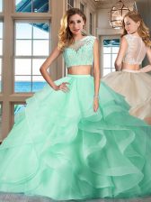 Sumptuous Apple Green Zipper Quinceanera Gowns Appliques and Ruffles Cap Sleeves Floor Length