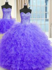  Three Piece Lavender Ball Gowns Beading and Ruffles Quinceanera Dress Lace Up Tulle Sleeveless Floor Length