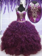 Extravagant Straps Purple Sleeveless Tulle Zipper Quinceanera Gown for Military Ball and Sweet 16 and Quinceanera
