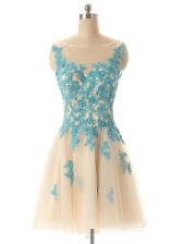 Unique Mini Length Champagne Prom Party Dress Tulle Sleeveless Beading and Appliques