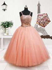  Straps Sleeveless Floor Length Beading and Sequins Zipper Little Girls Pageant Dress with Peach