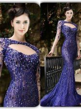  Mermaid Tulle Long Sleeves With Train Prom Dress Brush Train and Beading