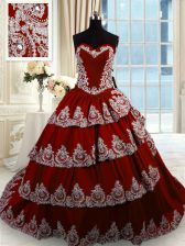  Beading and Appliques and Ruffled Layers Quinceanera Gowns Wine Red Lace Up Sleeveless With Train Court Train