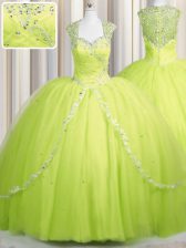 Perfect Zipper Up Beading and Appliques Quinceanera Gown Yellow Green Zipper Cap Sleeves With Brush Train