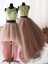 Fantastic Three Piece Baby Pink Organza and Tulle and Lace Zipper Scoop Sleeveless With Train Quinceanera Dress Brush Train Beading and Lace and Ruffles