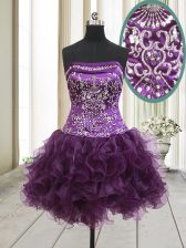 Colorful Strapless Sleeveless Lace Up Prom Evening Gown Dark Purple Organza