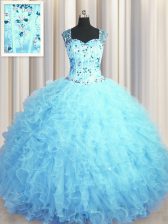  See Through Zipper Up Baby Blue Sleeveless Beading and Ruffles Floor Length Quinceanera Dress