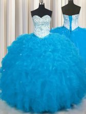 Spectacular Sweetheart Sleeveless Sweet 16 Dresses Floor Length Beading and Ruffles Baby Blue Tulle