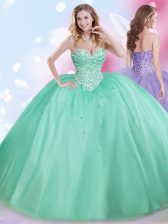 Sophisticated Floor Length Lace Up Vestidos de Quinceanera Apple Green for Military Ball and Sweet 16 and Quinceanera with Beading