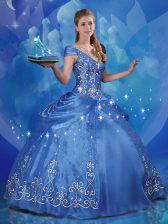 High End Cinderella Off the Shoulder Embroidery Blue Cap Sleeves Organza Lace Up 15th Birthday Dress for Sweet 16 and Quinceanera