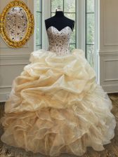 Fine Champagne Ball Gowns Beading and Ruffles 15th Birthday Dress Lace Up Organza Sleeveless Floor Length