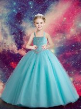  Aqua Blue and Turquoise Tulle Zipper Straps Sleeveless Floor Length Girls Pageant Dresses Beading