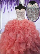 New Style Floor Length Coral Red Quinceanera Dresses Organza Sleeveless Ruffles and Sequins