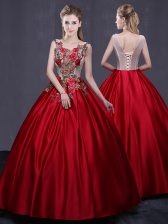 Charming Scoop Satin Sleeveless Floor Length Quinceanera Gown and Appliques