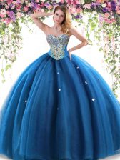 Customized Floor Length Ball Gowns Sleeveless Blue Ball Gown Prom Dress Lace Up