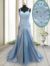 Modest Straps Sleeveless Elastic Woven Satin With Train Sweep Train Criss Cross Prom Dress in Light Blue with Beading