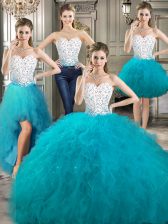 Dramatic Four Piece Sleeveless Floor Length Beading and Ruffles Lace Up Sweet 16 Quinceanera Dress with White and Teal