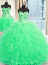  Three Piece Sleeveless Tulle Floor Length Lace Up Sweet 16 Dresses in Apple Green with Beading and Ruffles