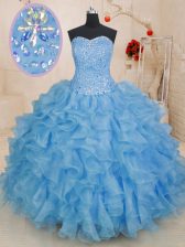  Blue Sleeveless Organza Lace Up Ball Gown Prom Dress for Military Ball and Sweet 16 and Quinceanera