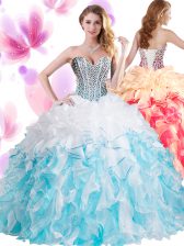 Luxury Organza Sweetheart Sleeveless Lace Up Beading and Ruffles 15th Birthday Dress in Blue And White