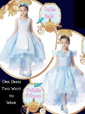  Scoop Light Blue Organza Zipper Flower Girl Dresses for Less Cap Sleeves High Low Bowknot