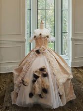 Wonderful Champagne Ball Gowns Off The Shoulder Sleeveless Organza and Lace Floor Length Clasp Handle Lace and Ruffles and Hand Made Flower Girls Pageant Dresses