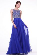 Pretty Royal Blue Bateau Zipper Beading and Ruching Prom Gown Brush Train Sleeveless