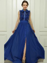  Sleeveless Chiffon With Brush Train Zipper Dress for Prom in Blue with Appliques