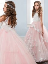  Baby Pink Ball Gowns Scoop Sleeveless Tulle Floor Length Zipper Hand Made Flower Little Girls Pageant Gowns