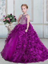 On Sale Ball Gowns Kids Formal Wear Eggplant Purple Scoop Organza Sleeveless Floor Length Lace Up