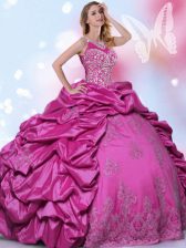 Traditional Halter Top Sleeveless Quince Ball Gowns Floor Length Beading and Lace and Appliques and Pick Ups Fuchsia Taffeta