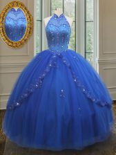 Smart High Neck See Through Floor Length Lace Up 15th Birthday Dress Royal Blue for Military Ball and Sweet 16 and Quinceanera with Beading and Appliques