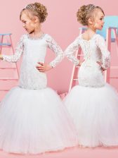  Scoop White Ball Gowns Beading and Lace Toddler Flower Girl Dress Lace Up Tulle Long Sleeves Floor Length