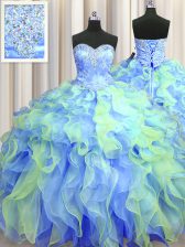  Multi-color Ball Gowns Beading and Appliques and Ruffles Vestidos de Quinceanera Lace Up Organza Sleeveless Floor Length