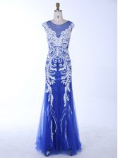  Royal Blue Mermaid Scoop Sleeveless Chiffon Floor Length Backless Beading and Appliques Prom Party Dress