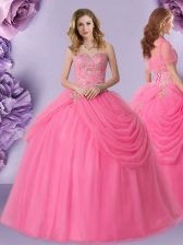 Designer Sweetheart Sleeveless Sweet 16 Dresses Floor Length Beading and Pick Ups Rose Pink Tulle