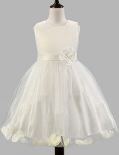 Unique Scoop Floor Length Zipper Toddler Flower Girl Dress White for Party and Wedding Party with Appliques and Bowknot and Hand Made Flower