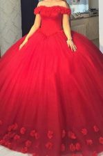  Off The Shoulder Short Sleeves Tulle Evening Dress Hand Made Flower Lace Up