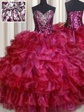 Glamorous Hot Pink Sweetheart Neckline Beading and Ruffles Quince Ball Gowns Sleeveless Lace Up