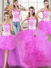 Custom Fit Four Piece Tulle Sleeveless Floor Length 15th Birthday Dress and Beading and Appliques and Ruffles