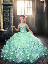 Romantic Apple Green Lace Up Spaghetti Straps Beading and Appliques Flower Girl Dresses Organza Sleeveless