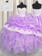  Sweetheart Sleeveless 15 Quinceanera Dress Floor Length Beading and Appliques and Ruffles and Pick Ups Lilac Organza