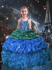 Latest Blue Organza Lace Up Spaghetti Straps Sleeveless Floor Length Little Girl Pageant Gowns Beading and Ruffles and Pick Ups